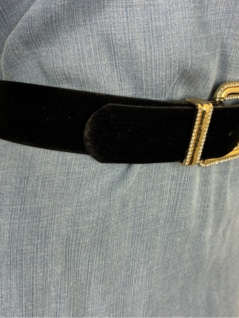Zara Womens belt 41” long Black velvet with Gold buckle rhinestones glam bling